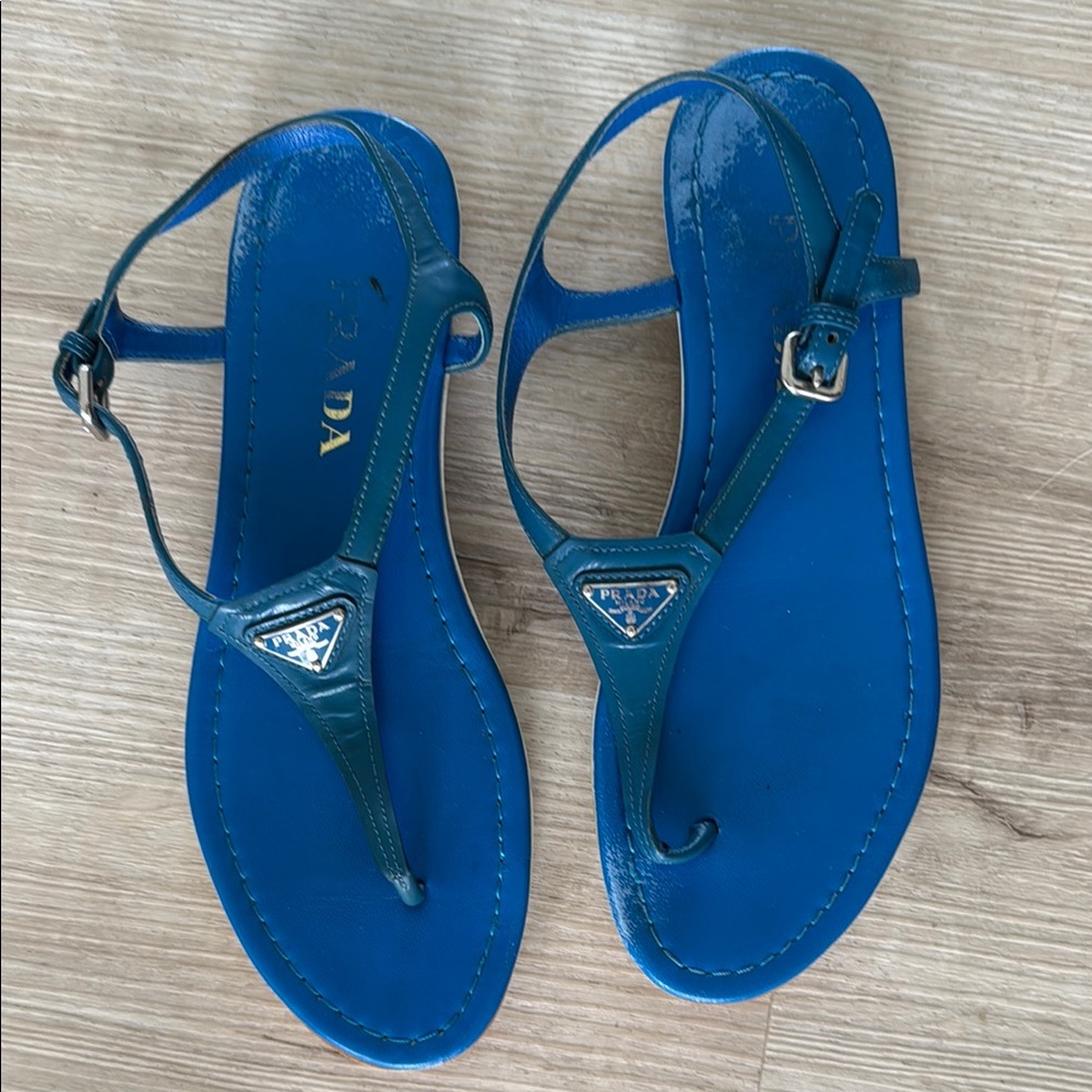 Prada Blue Minimalist Sandals with T-Strap Design